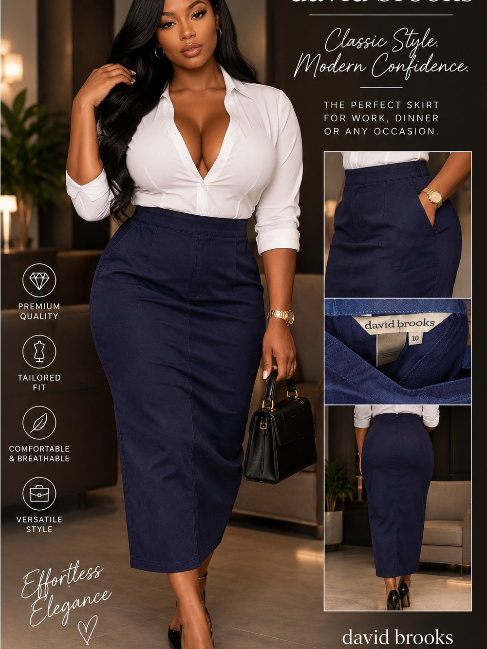 David Brooks Navy Pencil Midi Skirt - Classic Tailored Fit sz 10